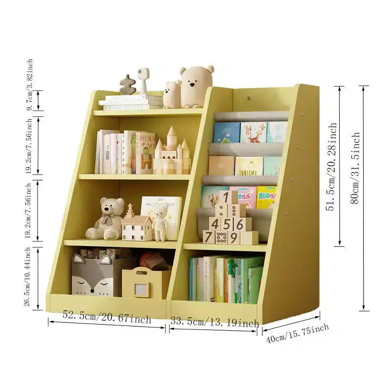 Libreria per bambini a 4 ripiani, Legno ingegnerizzato robusto, 3 ampie tasche in tessuto, Favorisce la lettura e l'organizzazione