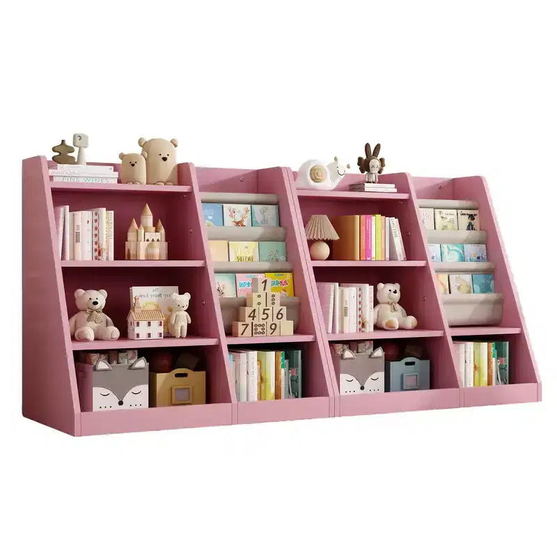 Libreria per bambini a 4 ripiani, Legno ingegnerizzato robusto, 3 ampie tasche in tessuto, Favorisce la lettura e l'organizzazione