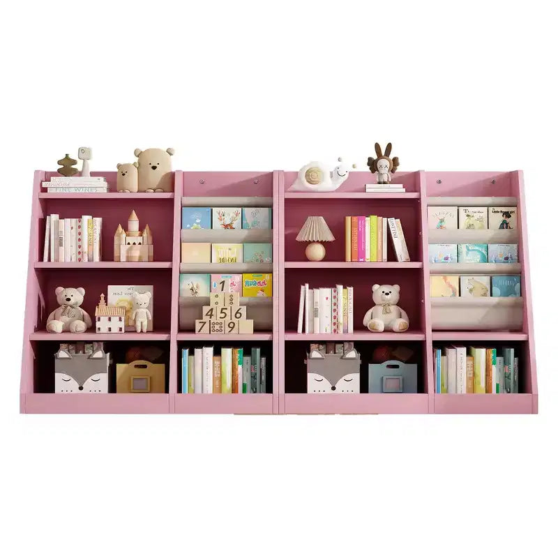 Libreria per bambini a 4 ripiani, Legno ingegnerizzato robusto, 3 ampie tasche in tessuto, Favorisce la lettura e l'organizzazione