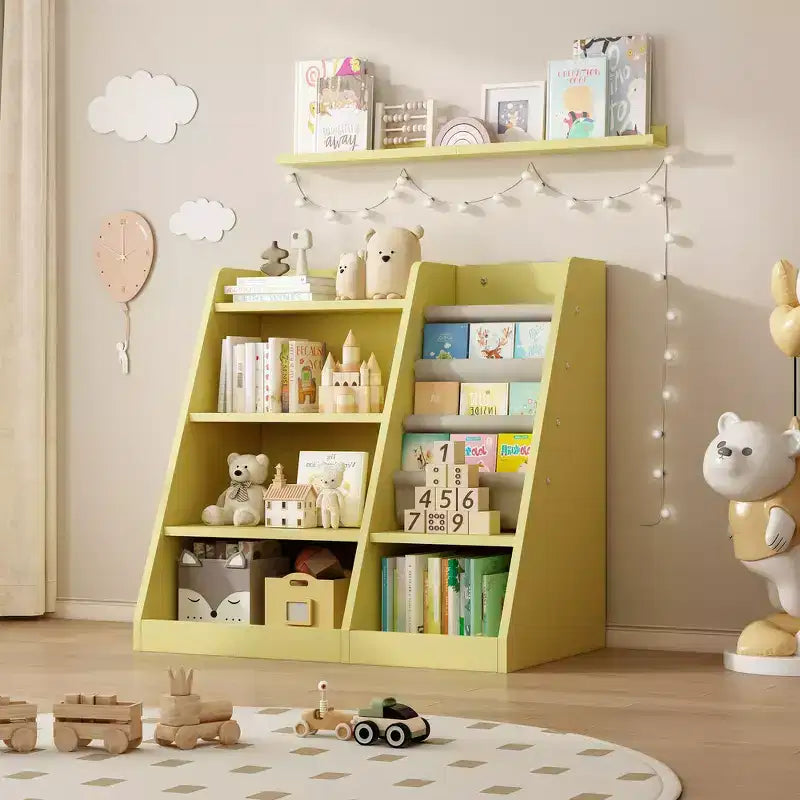 Libreria per bambini a 4 ripiani, Legno ingegnerizzato robusto, 3 ampie tasche in tessuto, Favorisce la lettura e l'organizzazione