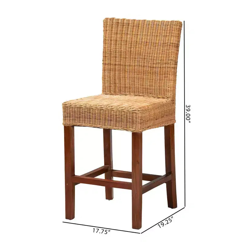 Sgabello da bancone in rattan naturale e legno di mogano, marrone noce