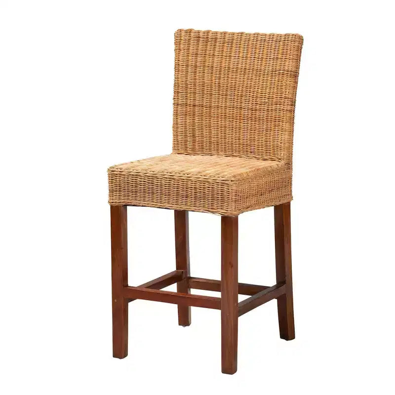 Sgabello da bancone in rattan naturale e legno di mogano, marrone noce