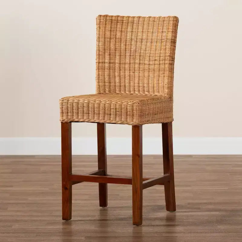 Sgabello da bancone in rattan naturale e legno di mogano, marrone noce