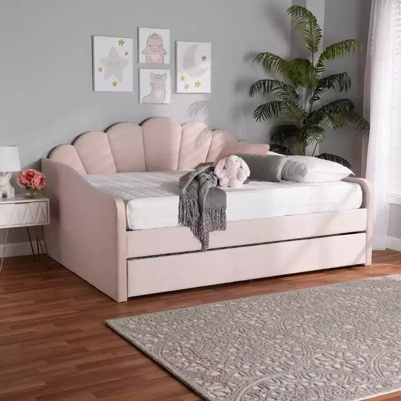 Letto a giorno matrimoniale imbottito in tessuto di velluto Queen Timila con letto estraibile - Baxton Studio: Mobili da camera glamour, non è necessaria la rete a molle