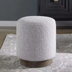 Pouf in tessuto grigio e bianco con base in legno