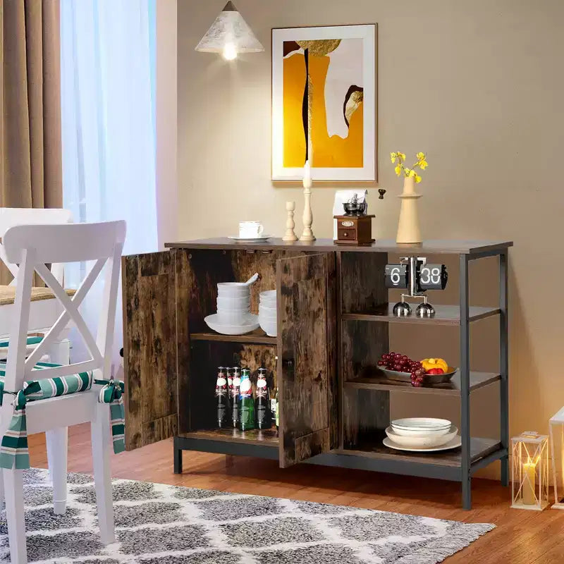 2-Door Industrial Kitchen Storage Cabinet Buffet Sideboard Open Shelves
