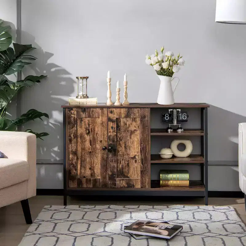 2-Door Industrial Kitchen Storage Cabinet Buffet Sideboard Open Shelves