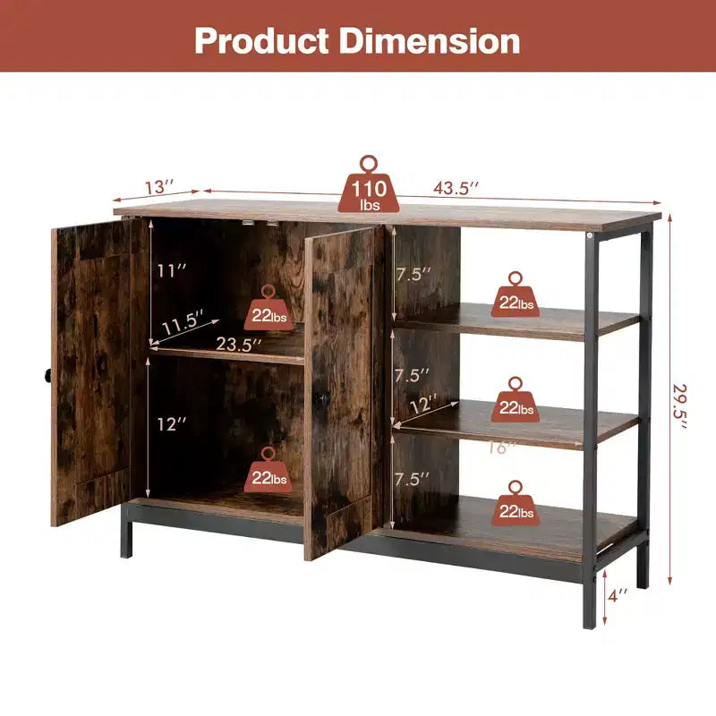 2-Door Industrial Kitchen Storage Cabinet Buffet Sideboard Open Shelves