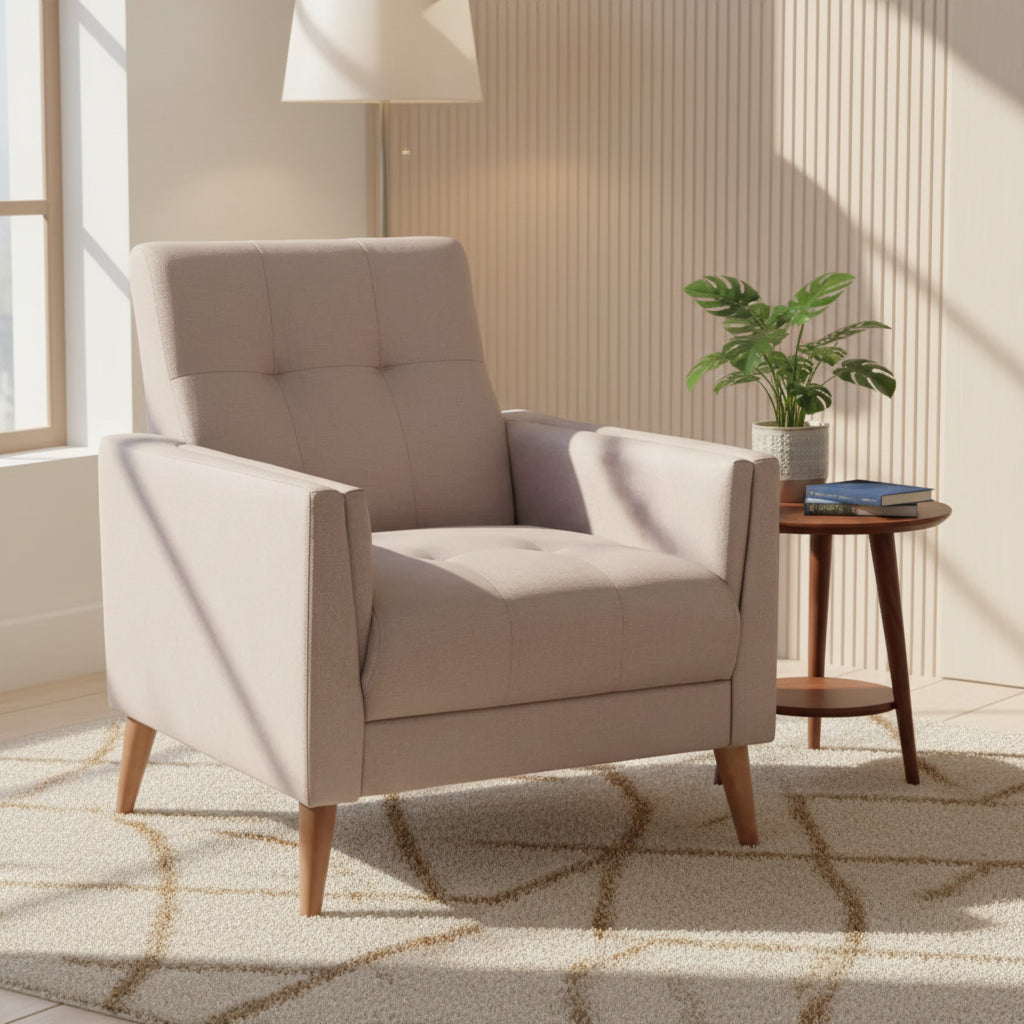 Emma and Oliver Upholstered Mid-Century Modern Arm Chair with Tufted Seat and Back, Pocket Spring Support and Wooden Legs