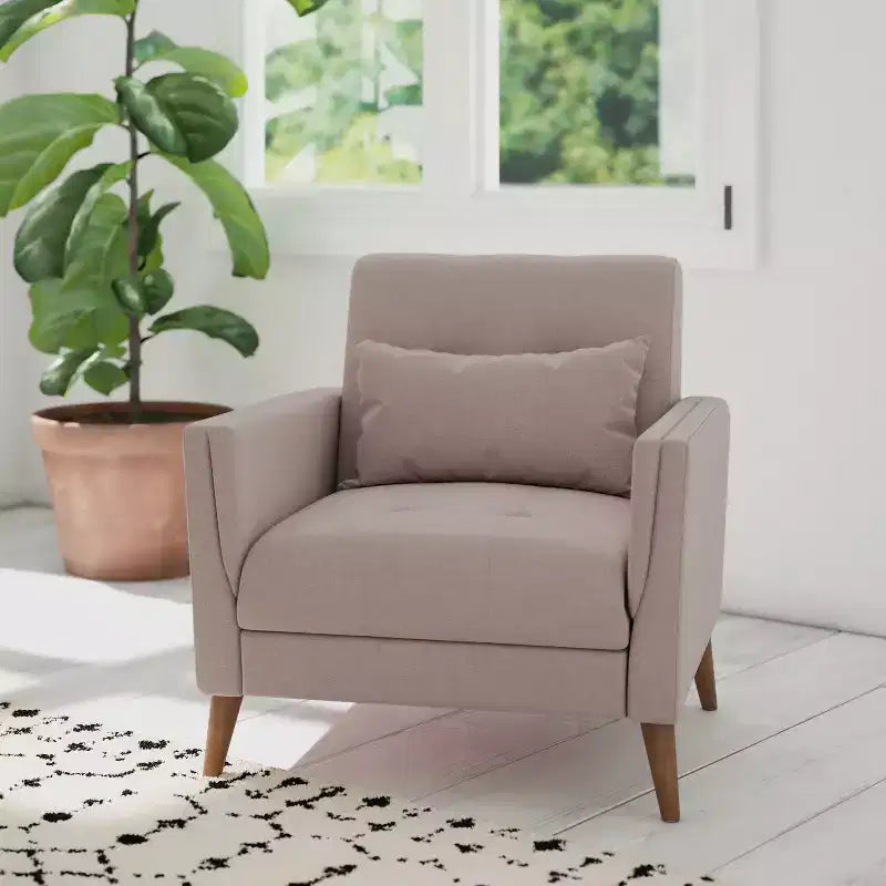 Upholstered Mid-Century Modern Arm Chair with Tufted Seat and Back, Pocket Spring Support and Wooden Legs