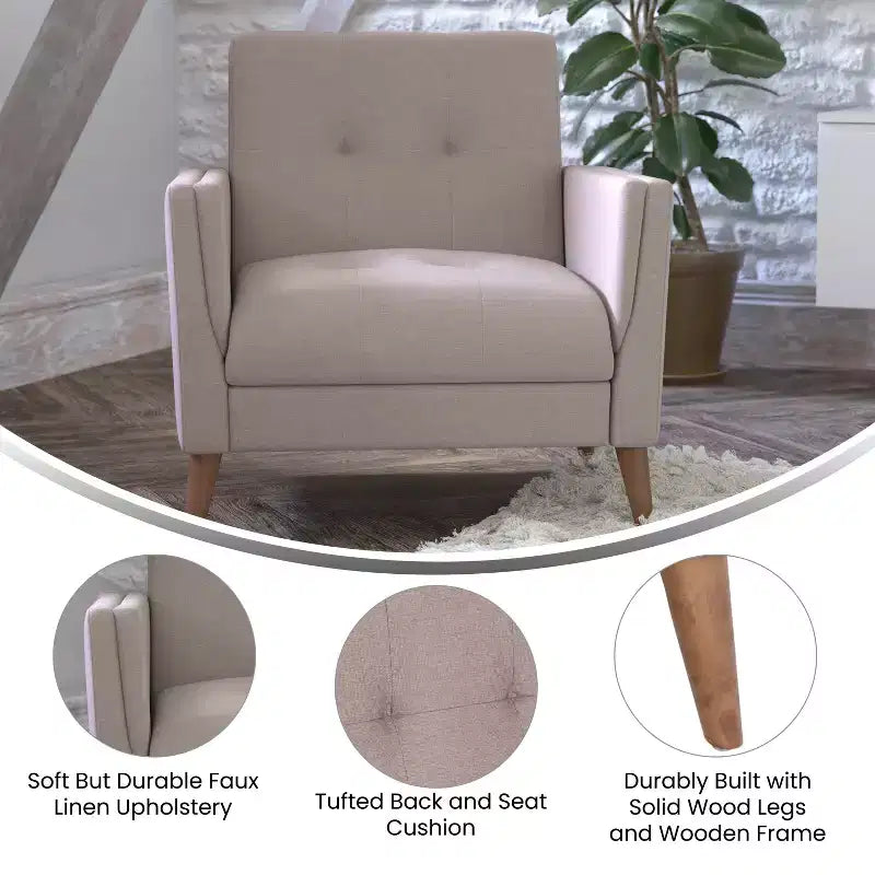 Upholstered Mid-Century Modern Arm Chair with Tufted Seat and Back, Pocket Spring Support and Wooden Legs