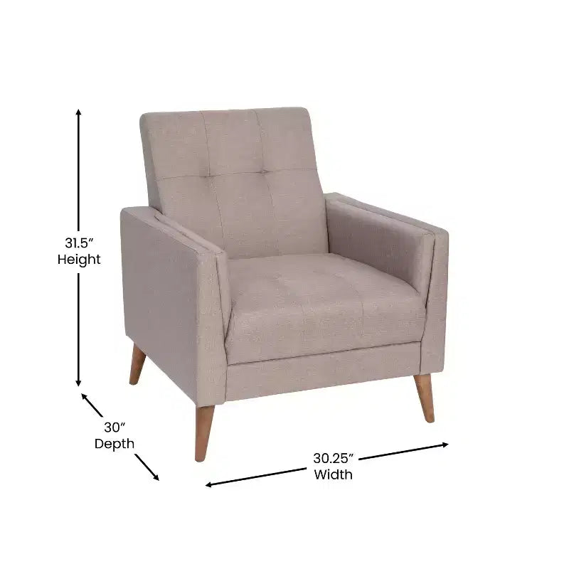 Upholstered Mid-Century Modern Arm Chair with Tufted Seat and Back, Pocket Spring Support and Wooden Legs