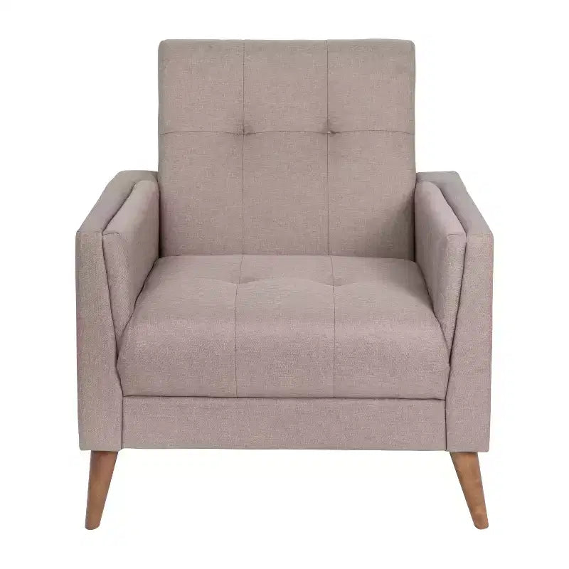 Poltrona imbottita Mid-Century Modern con sedile e schienale trapuntati, supporto con molle insacchettate e gambe in legno