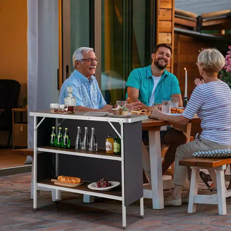 Tavolo da Campeggio Pieghevole Portatile in Alluminio con 2 Ripiani Nero/Caffè