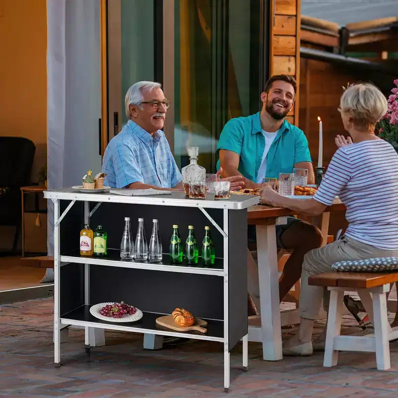 Tavolo da Campeggio Pieghevole Portatile in Alluminio con 2 Ripiani Nero/Caffè