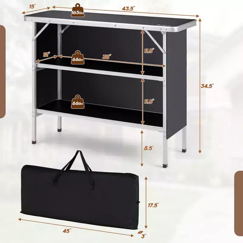Tavolo da Campeggio Pieghevole Portatile in Alluminio con 2 Ripiani Nero/Caffè